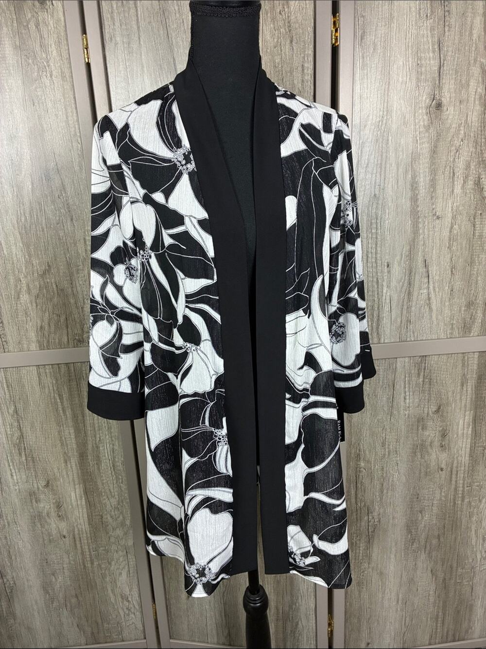 New! R&M Richards Abstract Floral Print Chiffon Open Front Cardigan Jacket Size